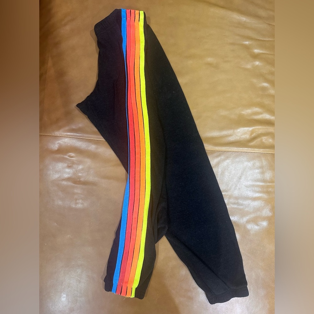 COPY - Aviator Nation 5 STRIPE SWEATPANTS - BLACK // NEON RAINBOW STRIPES.